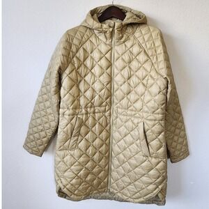 Athleta Whisper Featherless Parka Jacket Tan Gold Diamond Quilted Hooded Women L